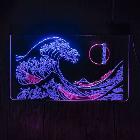 Great Wave Off Kanagawa LED Neon Sign Blue Pink Wall Art Dope Ukiyoe Inspired Neon Light For Living Room Bedroom 12x16 Inches Modern Room Decor Vibe Now, illuminated artwork with wave design.