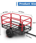 Heavy Duty ATV Utility Dump Trailer With 1700 Pound Capacity And 17 Cubic Feet, Steel Cart dimensions showing red frame and black wheels
