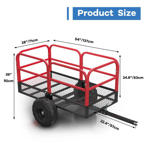 Heavy Duty ATV Utility Dump Trailer With 1700 Pound Capacity And 17 Cubic Feet, Steel Cart dimensions showing red frame and black wheels