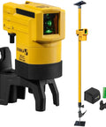 Top Shelf Green Beam Cross Line Laser Bundle Loaded With Full Setup Gear To Shoot Straight Green Lines Clear As Day Up To Hundred Feet On Any Job Site While Keeping Layouts Totally Dead On Point, featuring a self-leveling laser and tripod.