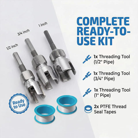4 in 1 PVC Pipe Threader Kit for One Half, Three Quarters and One Inch Pipes including PTFE tapes