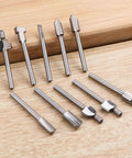 Ten Piece HSS Router Bit Set With One Eighth Inch Shank For DIY Woodworking Handyman Pro Grade Straight Trim V Groove Beading Cove Slot Cutter Edge Forming Bits For Rotary Tools And Carving on wooden surface