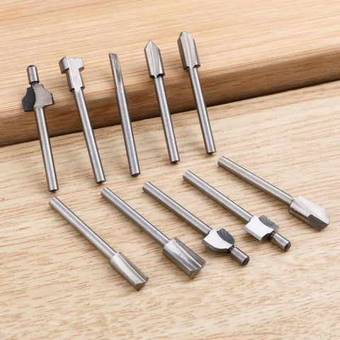 Ten Piece HSS Router Bit Set With One Eighth Inch Shank For DIY Woodworking Handyman Pro Grade Straight Trim V Groove Beading Cove Slot Cutter Edge Forming Bits For Rotary Tools And Carving on wooden surface