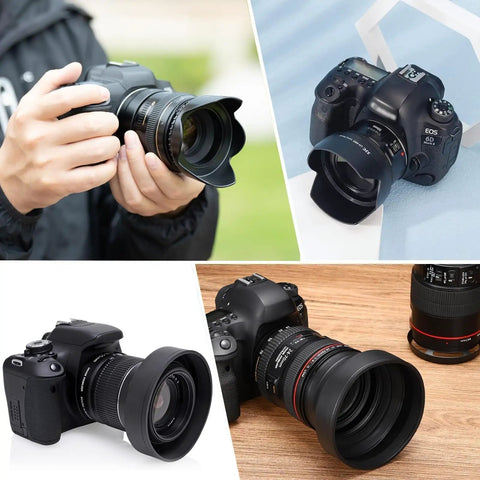 58mm Tulip Lens Hood With UV Filter For Canon DSLRs Like Rebel T8i T7 T7i T6i 80D 77D And More mounted on cameras