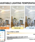 DC Reversible Outdoor Smart Ceiling Fan with 10 Speeds and Dimmable Multicolor Lights showing warm, natural, cool light settings