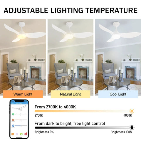 DC Reversible Outdoor Smart Ceiling Fan with 10 Speeds and Dimmable Multicolor Lights showing warm, natural, cool light settings