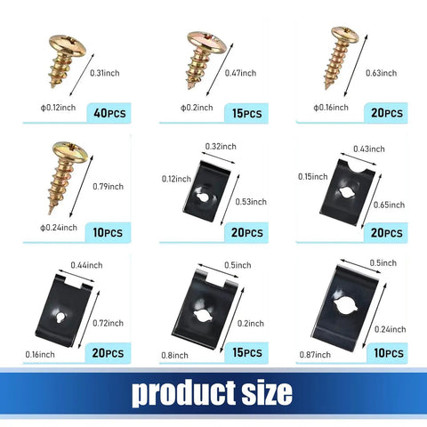 Auto Barn Essential 170 Piece Car Screw Clips Kit With Durable Bracket Fasteners showing various screws and clips sizes.