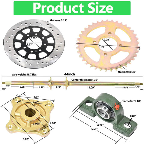 Heavy Duty 44 Inch Rear Axle Kit For Go Karts With Brake Caliper And Disc 37T Sprocket 530 Chain Pillow Block Bearings Wheel Hubs