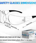 Massive Bulk Pack Clear Safety Glasses For Adults With Ansi Z87.1 Certification dimensions and packaging details on display.