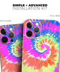 Spiral Tie Dye Full Body Skin Decal Wrap Kit For iPhone 13 with vibrant colors and matte soft-touch finish visible on back view.