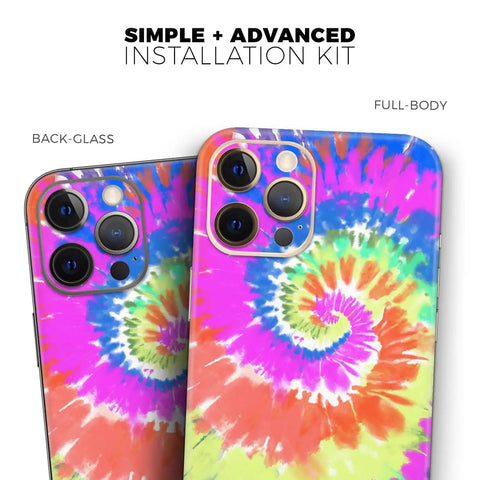 Spiral Tie Dye Full Body Skin Decal Wrap Kit For iPhone 13 with vibrant colors and matte soft-touch finish visible on back view.