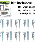 Built Tough Zinc Self Drilling Drywall Anchors Kit With 10 No 8 X One And A Quarter Inch Screws shown with packaging