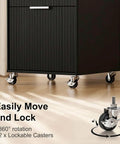 Slick Fluted 3 Drawer Rolling File Cabinet With Secure Lock, Heavy Duty Casters detail showing 360° rotating lockable casters in matte black.
