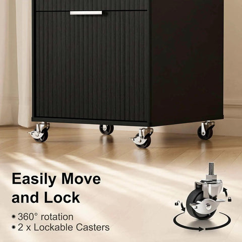 Slick Fluted 3 Drawer Rolling File Cabinet With Secure Lock, Heavy Duty Casters detail showing 360° rotating lockable casters in matte black.