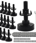 12 Pack Adjustable Furniture Feet Heavy Duty Levelers with 3/8-16 UNC Thread, nylon base, felt pads, screws, and wrench shown