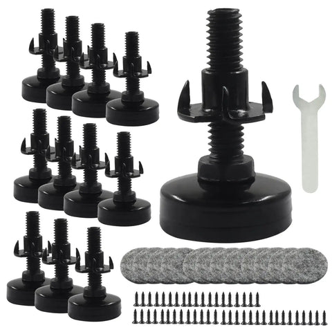 12 Pack Adjustable Furniture Feet Heavy Duty Levelers with 3/8-16 UNC Thread, nylon base, felt pads, screws, and wrench shown