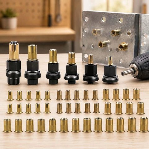 Six Rivet Nut Pliers And Sixty Press In Nuts Kit For M3 To M10 Rivet Nut Tool Set For Automotive Industrial Applications In Metal Farm And Agricultural Equipment All In One Retrofitting Kit, brass heads and nuts