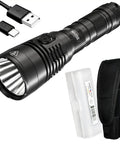 MH25S 1800 Lumen Tactical Flashlight With 551 Yard Throw USB C Rechargeable And LumenTac Organizer for EDC patrol caving. Black flashlight, USB-C cable, holster, battery case visible.