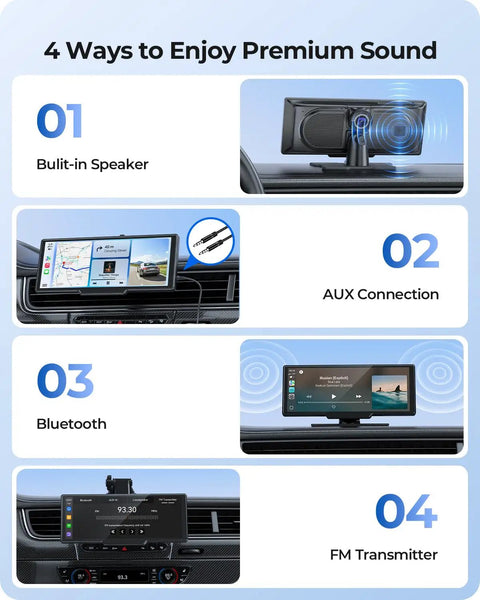 Image displaying four premium sound options for 9.26 Inch Wireless CarPlay Screen With 4K Dash Cam And HD Backup Camera.