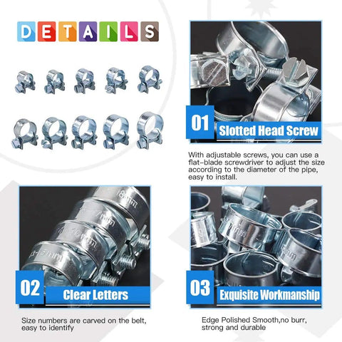 84 Piece Mini Fuel Injection Style Hose Clamp Set, 10 Clamp Sizes, Beefy Zinc Plated Steel, Fits Diesel And Gas Lines