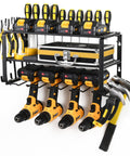 Wall Mount Tool Organizer Rack With Four Cordless Drill Holders Three Layer Garage Storage Shelf Heavy Duty Iron Matte Black Keeps Your Shop Clean And Ready 150 Lb Load Capacity holding tools