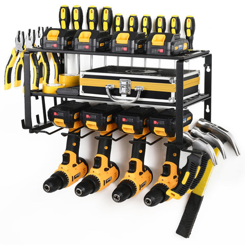 Wall Mount Tool Organizer Rack With Four Cordless Drill Holders Three Layer Garage Storage Shelf Heavy Duty Iron Matte Black Keeps Your Shop Clean And Ready 150 Lb Load Capacity holding tools