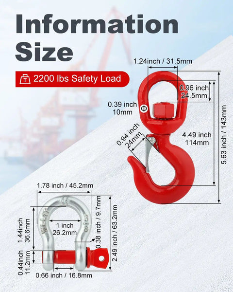 1 Ton Swivel Lifting Hook And Three Eighths Inch D Ring Anchor Shackles Set For Lifting And Towing Heavy Duty Grade 80 Alloy Steel Rigging Gear With 2 Swivel Hooks And 2 D Shackles Ideal For Construction And DIY Projects, red hook dimensions