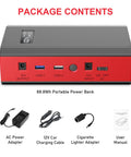 Portable Power Bank With AC Outlet 65W External Battery For Laptop Charging And Outdoor Use On The Go 24000mAh Backup Power Supply For RV Camping Home Emergency Grey Red with package contents shown including adapters and manual.