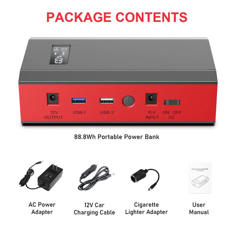 Portable Power Bank With AC Outlet 65W External Battery For Laptop Charging And Outdoor Use On The Go 24000mAh Backup Power Supply For RV Camping Home Emergency Grey Red with package contents shown including adapters and manual.