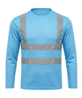 Heavy Duty Class Three High Visibility Long Sleeve Safety Shirt Loaded With Ansi Certified Reflective Tape Built Hella Tough For Your Daily Job Site Grind in blue with reflective stripes.