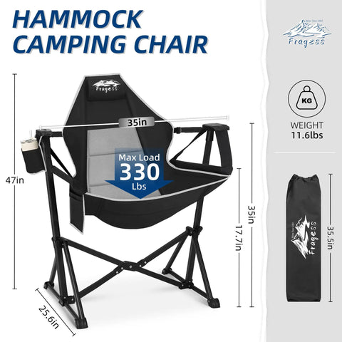 Ultra Comfy Portable Hammock Camping Chair With Adjustable Backrest, Padded Armrests And Headrest, Cup Holder And Side Pocket, Folding Design That Supports Up To 330 Lbs, Perfect For Camping, Lawn, Backyard Or Concerts, Stargazer Black.