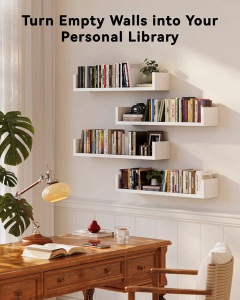 Fresh White Floating Wall Shelves Set Of Four U Shaped Wall Mounted Bookshelf with books and decor in modern office.