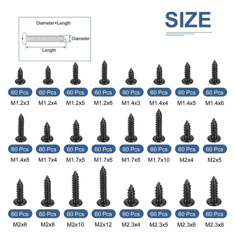 Mini Phillips Head Self-Tapping Screws Kit For Glasses Watches And Clocks Carbon Steel Black Oxide Ultra Handy Assorted Set sizes M1.2x3 to M2.3x8
