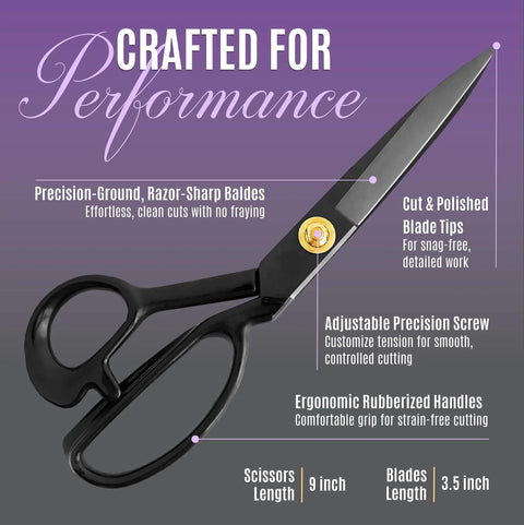 Ultra Sharp 9 Inch Fabric Scissors For Heavy Duty Cutting, Tough As Nails Fabric Shears That Deliver Smooth, Precise Cuts On All Fabrics And Leather, Perfect For Tailors, Dressmakers, Crafters, And Artists. 9-inch black steel scissors