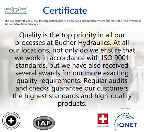SQS certificate for Bucher Hydraulics, highlighting ISO 9001 compliance and quality assurance processes.