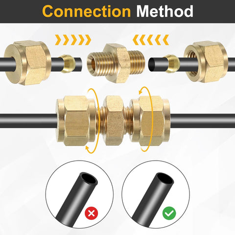 Brass Compression Tube Fitting Set For 4mm Tubing, NPT Thread, Union And Sleeves, Straight Coupling Adapter, 5 Pieces, Durable Brass Plumbing Fittings shown in connection method view.