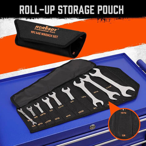 Slick Slim SAE Open End Wrench Set 9 Piece From One Quarter Inch To One Inch, Ultra Thin Chrome Vanadium Steel With Rolling Pouch