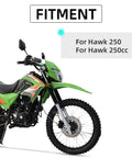 Kickstand for Hawk 250 and TBR7 side support stand replacement attached to a green Hawk 250cc dirt bike, showcasing fitment.