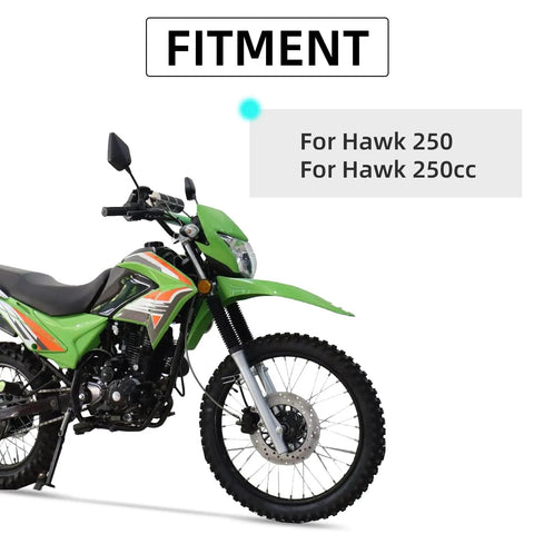 Kickstand for Hawk 250 and TBR7 side support stand replacement attached to a green Hawk 250cc dirt bike, showcasing fitment.