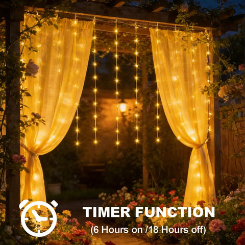 Outdoor Solar Curtain Lights 200 LED Warm White, 13ft By 3.9ft Waterproof String Lights suspended over patio