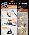 Comparison of Eventronic watch opener vs. traditional tool highlighting stability, force, and compatibility features.