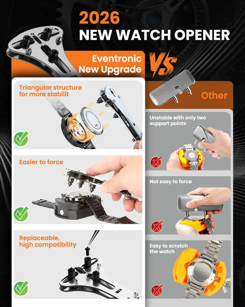 Comparison of Eventronic watch opener vs. traditional tool highlighting stability, force, and compatibility features.