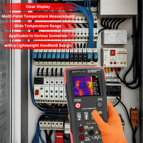 2 In 1 Thermal Imaging Camera and True RMS Digital Multimeter for electrical inspections in use on circuit board display