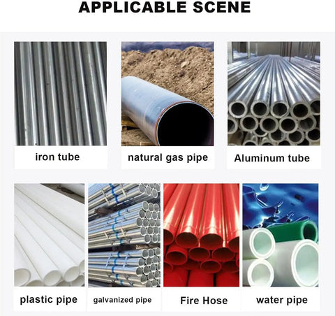 Various pipes including iron, natural gas, aluminum, plastic, galvanized, fire hose, and water pipe for plumbing applications.