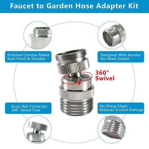 Brass Faucet Adapter With Aerator for Garden Hose, 360 Degree Swivel Sink to Hose Connector, Sturdy Chrome Plated Water Tap Adapter for Indoor and Outdoor Use, Easy Install and Leak Free, chrome brass