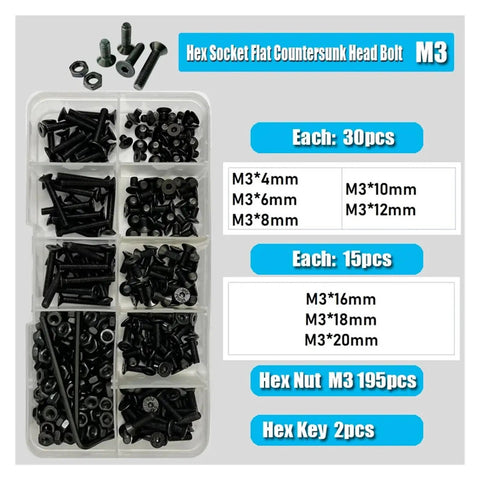 Built Tough Countersunk Flat Head Hex Bolt And Nut Set Kit M2 To M6 in black showing M3 hex socket screws and nuts