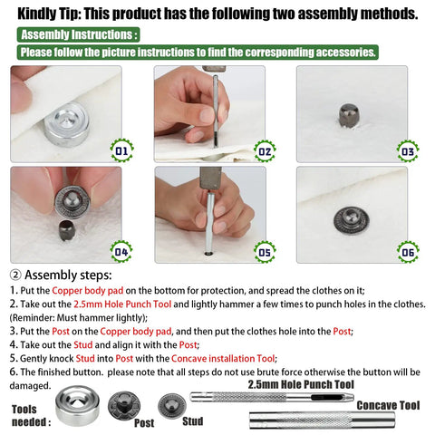 No Sew 12 Sets 15mm Snap Button Fastener Kit assembly instructions with tools for denim jeans pants leather bags jackets
