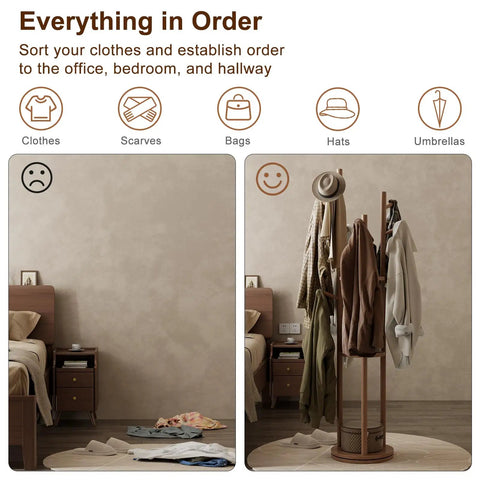 Solid Wood Rotary Coat Rack With 3 Shelves And 9 Hooks Freestanding Coat Tree for Bedroom Entryway and Living Room, walnut finish