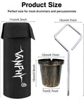 Ultimate Drumstick Bag Holder For 14 Pairs With Metal Rod Extension And Heavy Duty 1200D Water Repellent Case For Mallets Brushes And Small Gear No Clamp Needed size dimensions of bag and rod.