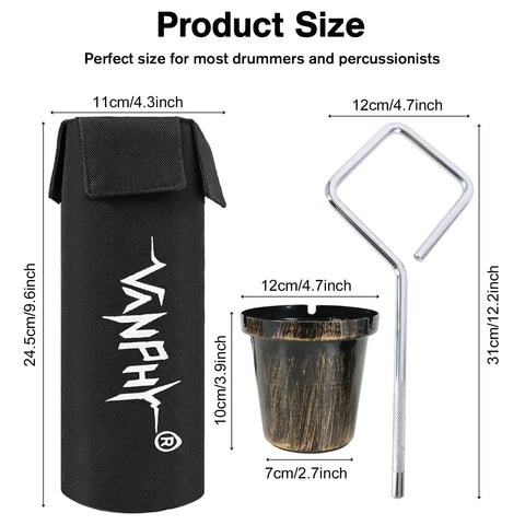 Ultimate Drumstick Bag Holder For 14 Pairs With Metal Rod Extension And Heavy Duty 1200D Water Repellent Case For Mallets Brushes And Small Gear No Clamp Needed size dimensions of bag and rod.